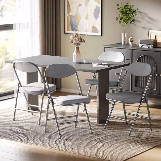 HOMCOM Set of 4 Grey Folding Chairs with Cushioned Fabric Seats and Steel Frame