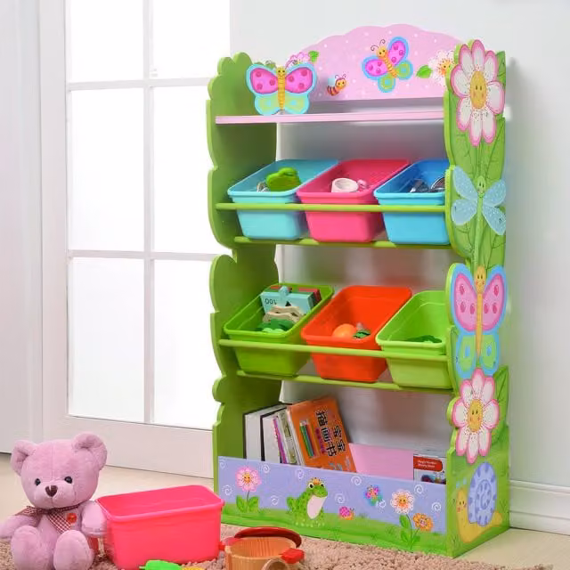 Teamson Kids Wooden Toy Storage Cubby Organiser Magic Garden in Green and Multicolour