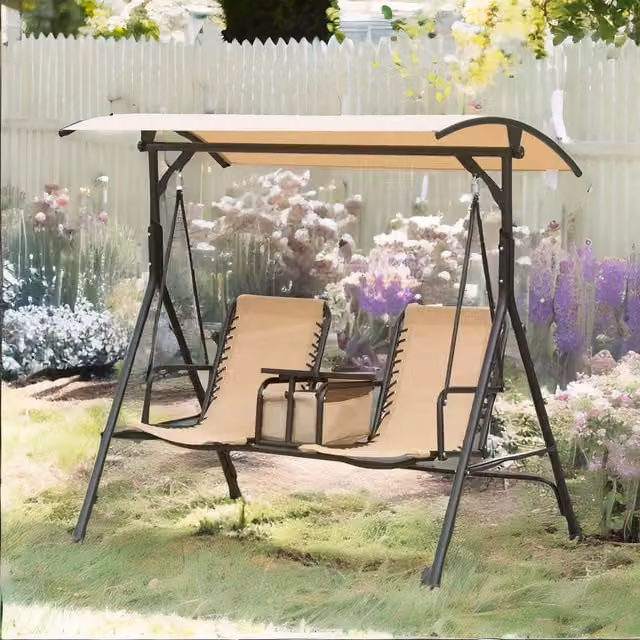 FURNOS 2 Seater Garden Swinging Chair with Pivot Table and Sun Canopy in Beige