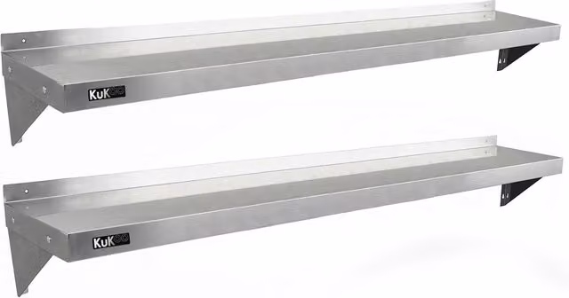 KuKoo 2 x Stainless Steel Wall Mounted Shelves, Silver, W: 1940 mm, D: 300 mm, H: 30 mm