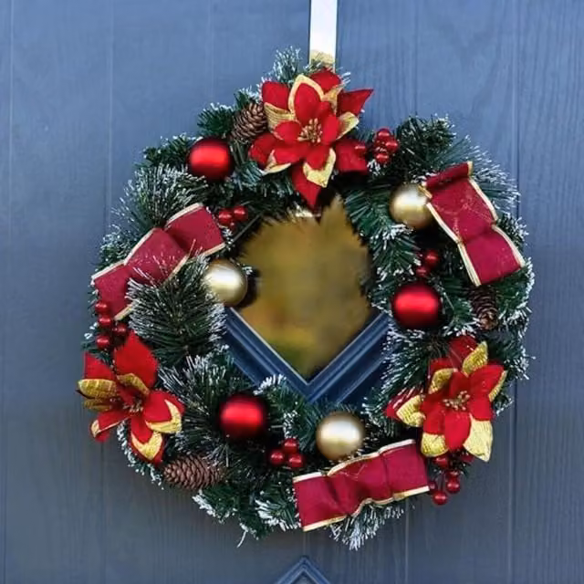 Marco Paul Christmas Artificial Poinsettia Wreath Decoration in Red, Green and Gold, Diameter: 40 cm