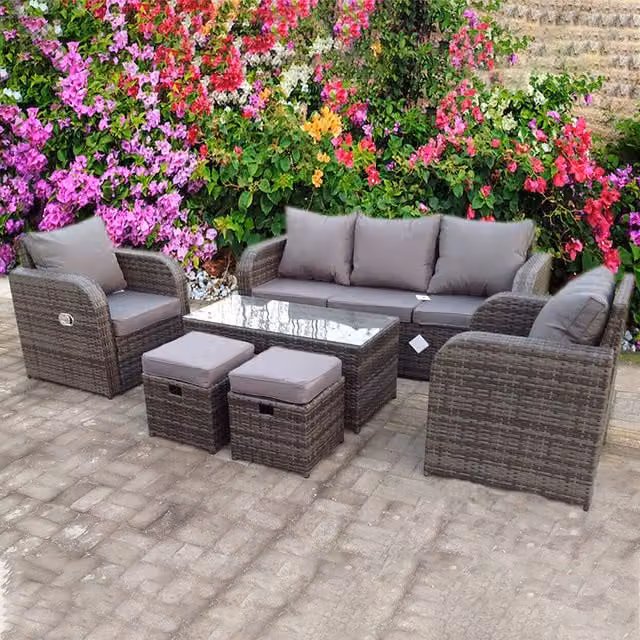 UK Leisure World Grey Polyrattan Outdoor Lounge Set with Upholstered Cushions, 2 Seater Sofa, 3 Seater Sofa, Armchair, Ottoman and Coffee Table