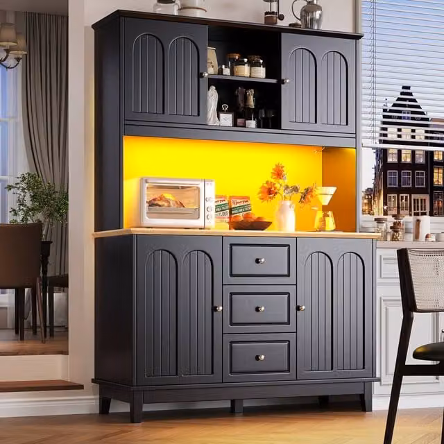 Merax Black Modern Kitchen Pantry Cupboard Cabinet with Integrated LED Lighting, 3 Drawers and Worktop, H 180 x W 120 x D 40 cm