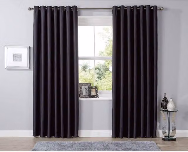 NewEdgeBlinds Plain Blackout Fabric Eyelet Curtains, Black, W: 167 cm, H: 183 cm