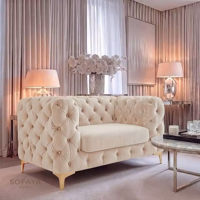 Sofaya Monaco Chesterfield Velvet Armchair in Beige