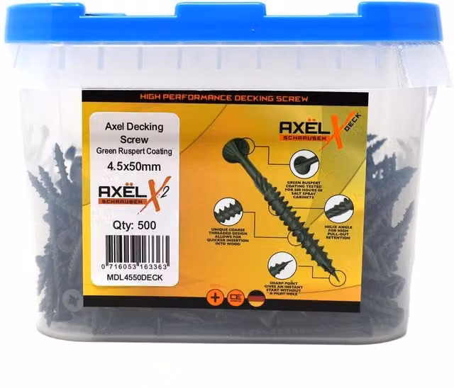 Axel High Performance Green Ruspert Self-Countersinking Wood Decking Screws, Pozidriv, Dia: 4.5 mm, L: 50 mm, Tub of 500