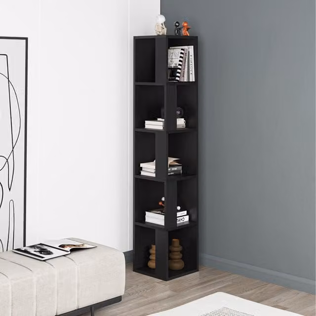 Decortie Piano Modern Corner Bookcase Display Unit in Black, Height: 158.9 cm