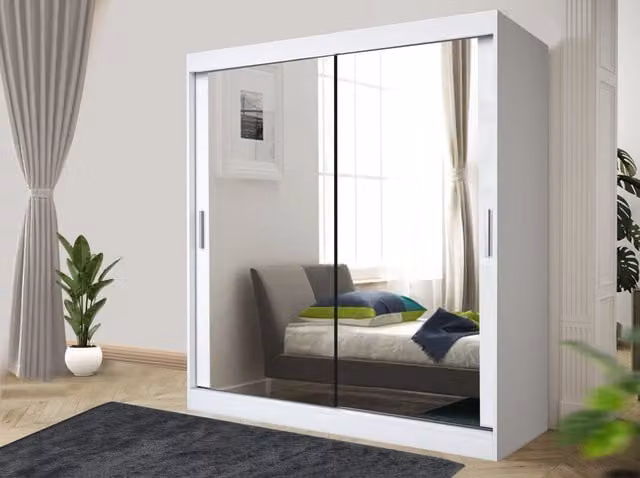 RAC3 Modern White Sliding Mirror Wardrobe with Integrated Drawers, Width: 180 cm