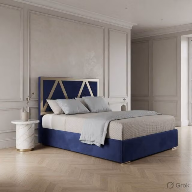 KDMD Exbourne Upholstered Soft Velvet Designer Bed Frame in Blue with Metal Accents, W/D/H: 180 x 174 x 127 cm