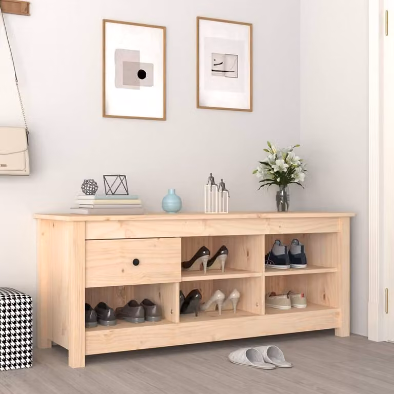 Berkfield Home Solid Wood Pine Shoe Cabinet in Light Brown, W/D/H: 110 x 38 x 45.5 cm
