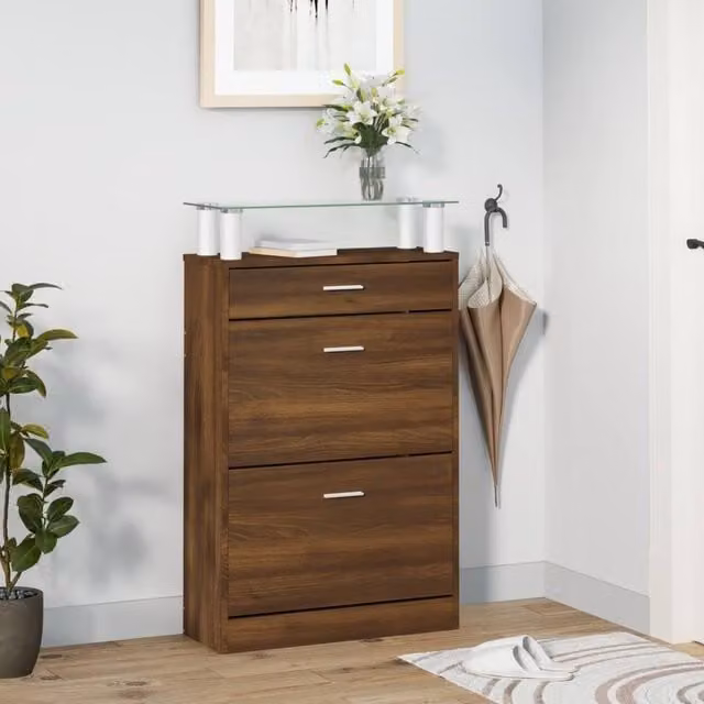 Berkfield Home Brown Oak Shoe Cabinet with Glass Doors and Tilting Compartments W/D/H: 63 x 24 x 104 cm