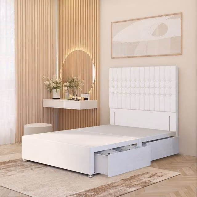 Somnior Beds Ltd Lexington Divan Bed Base with 54 inch Floor Standing Headboard in White Plush Velvet with Drawers, W/D/H: 90 x 190 cm