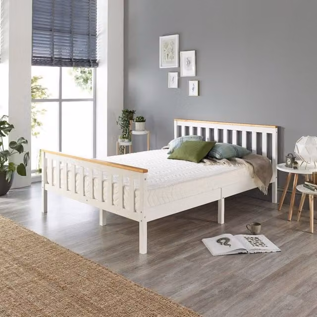 Aspire Atlantic Solid Wood Bed Frame in White and Brown with Natural Tops, Double, 140 x 200 cm