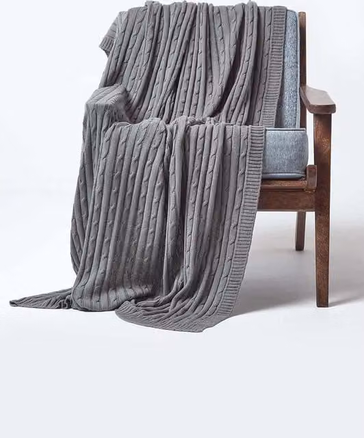 Homescapes Grey Cotton Cable Knit Throw Vintage Blanket, W: 150 cm, L: 200 cm