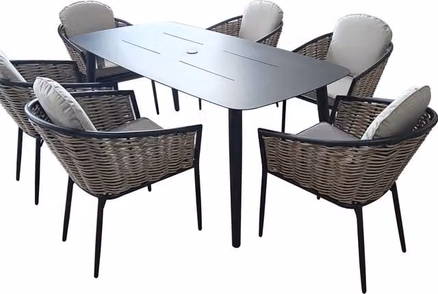 SHG Bolingbroke 6 Seater Aluminium and Brown Wicker Dining Table Set in Dark Grey