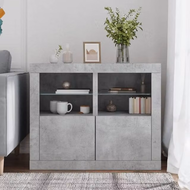 Berkfield Home Set of 2 Modern Side Cabinets in Concrete Grey with Integrated LED Lighting and Glass Doors