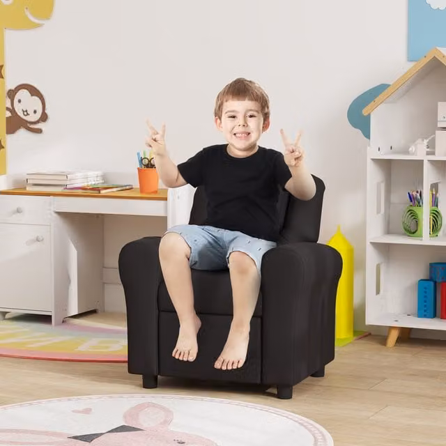HOMCOM Kids Recliner with Adjustable Backrest and Footrest in Black Synthetic Leather