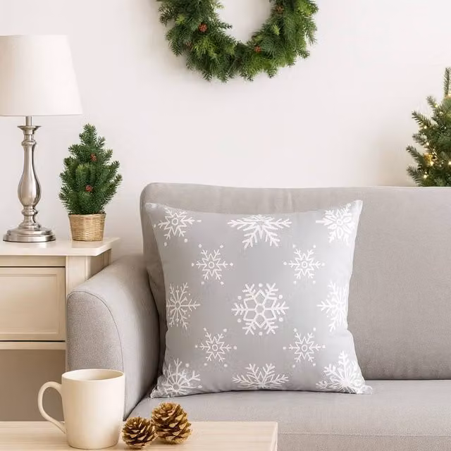 Voltico Festive Christmas Cushion in Grey with Snowflake and Santa Hat Design, W/D/H: 35 x 35 x 35 cm