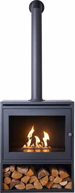 OKO S6 Bio Ethanol Stove and Log Store in Grey with Extra Tall Angled Metal Pipe
