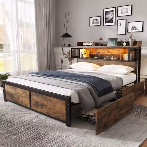Matteo Metal Double Bed in Black with LED Under-Bed Lighting, 2 Drawers and USB Charging Ports, W/D/H: 140 x 200 cm