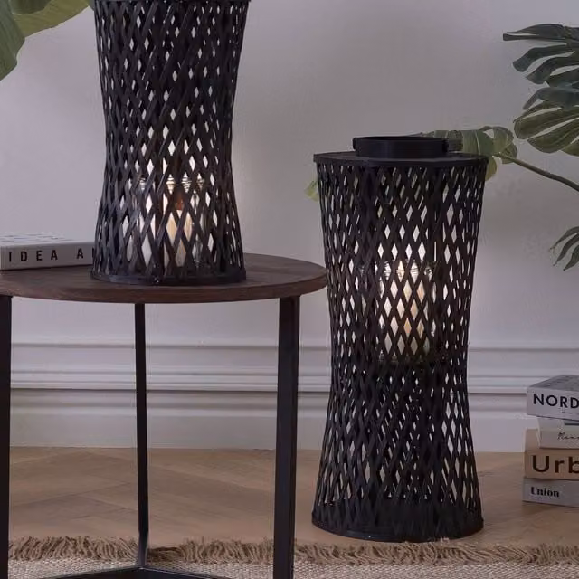 Wyld and Coco Boho Black Handwoven Bamboo and Glass Pillar Candle Lantern, Height: 38 cm