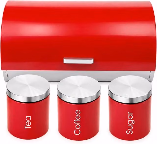 MANTRARAJ 4-Piece Red Kitchen Storage Set with Airtight Lids, Bread Bin and Canister Jars