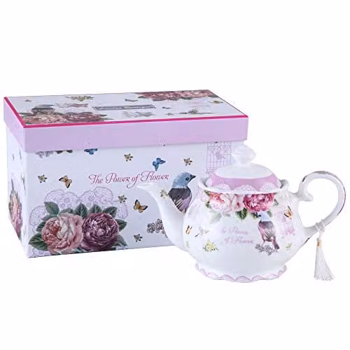 London Boutique Floral New Bone China Afternoon Tea Set with Teapot, Milk Jug, Sugar Bowl and Infuser, White