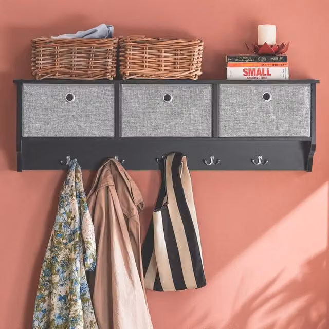 SoBuy Wall-Mounted Coat Rack with 5 Hooks and 3 Baskets in Black