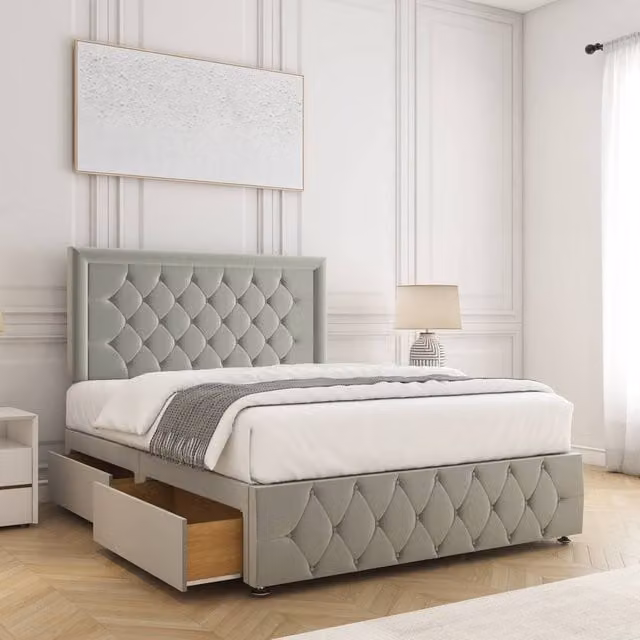 BSSPOKE Lena Plush Velvet Small Double Divan Bed with 24 inch Headboard, Footboard, Mattress and 4 Drawers in Silver