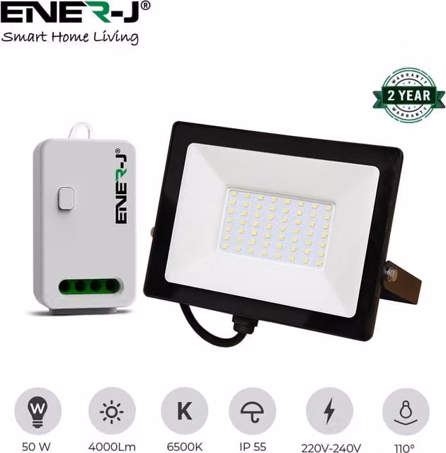 EnerJ Smart 50W White LED Floodlight with ECO Series 500W Non Dimmable RF Receiver