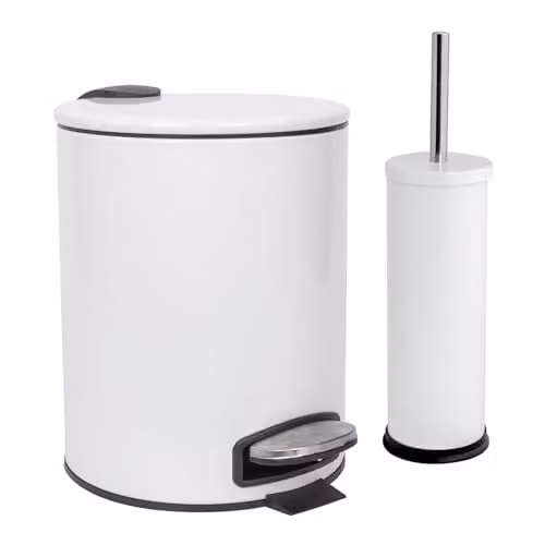 Harbour Housewares 5L Round Stainless Steel Pedal Bin and Toilet Brush Set in White