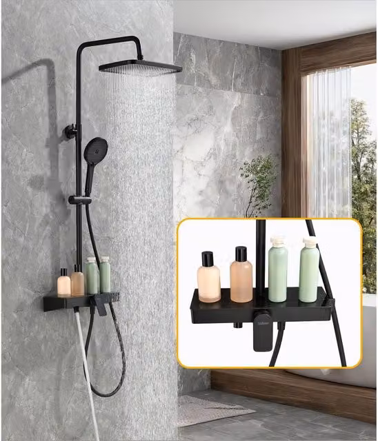 Süßren Sleek Shower Mixer Set with Rainfall and Massage Overhead Shower and Hand Shower in Matt Black