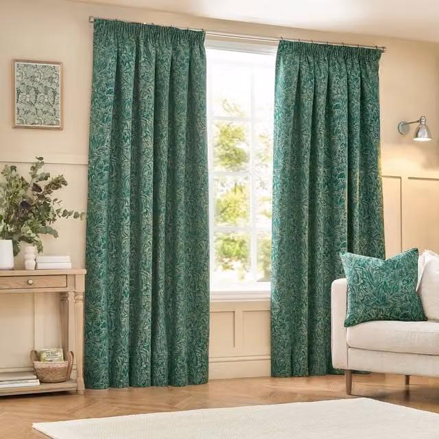 Grantley Emerald Green Floral Jacquard Pencil Pleat Fabric Panel Curtains, Height: 228 cm