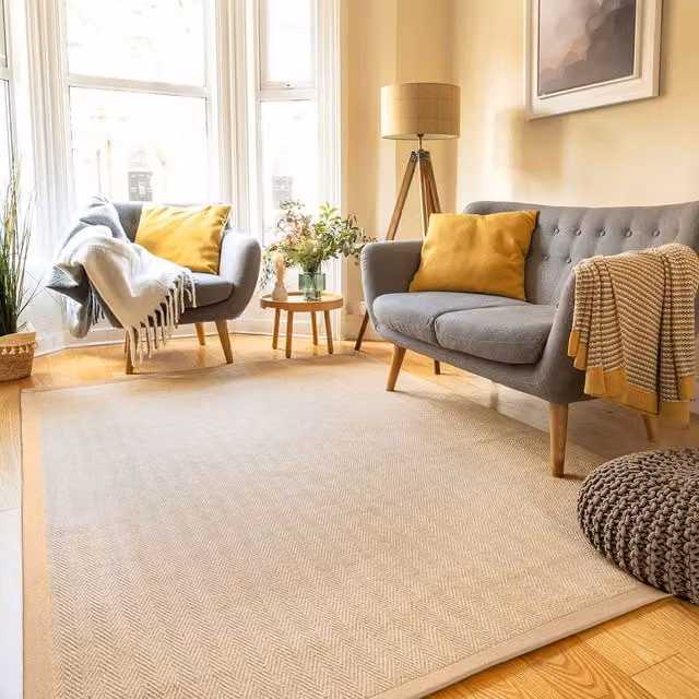 Kukoon Beige Natural Jute and Cotton Herringbone Pattern Non-Slip Rug W: 80 cm, L: 150 cm