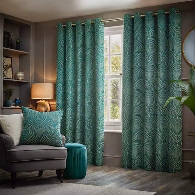 Make It A Home Gatsby Jacquard Eyelet Curtain Pair in Green and Gold, Height: 229 cm, Width: 168 cm