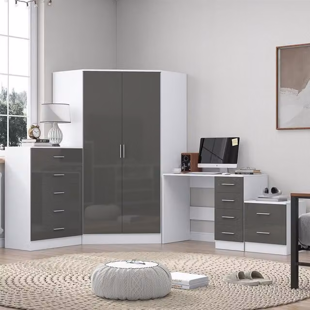 REFLECT Modern Bedroom Furniture Bundle in Grey Gloss and Matt White, including Corner Wardrobe, Chest of Drawers, Nightstand and Desk
