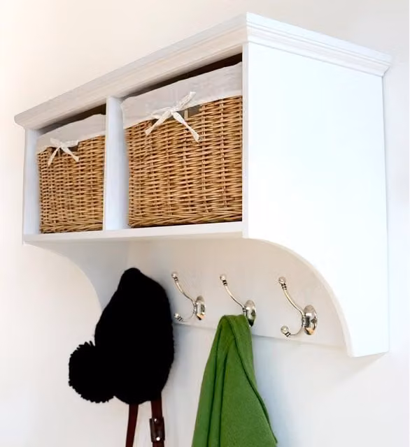 Tetbury White Hanging Shelf with Natural Wicker Baskets in White