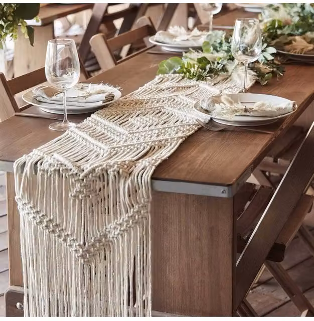 KDMD White Cotton Macrame Rectangular Table Runner for Boho Wedding Decor