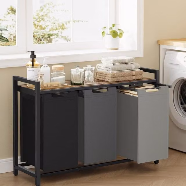 VASAGLE 3 Compartment Laundry Basket with Shelf and Metal Frame, Multicolour