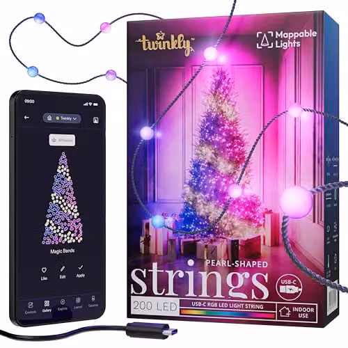 Twinkly USB-C Pearl Shaped RGBIC LED Christmas String Lights, 200 LED, Multicolour, Green Wire, 12m