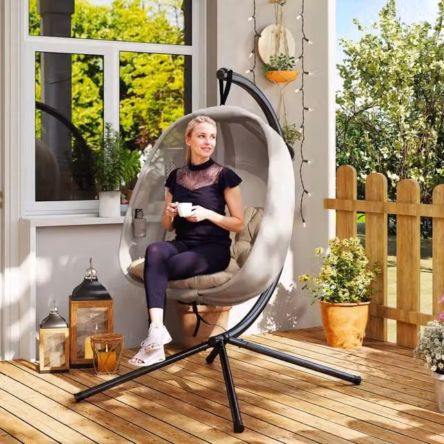 Outsunny Hanging Egg Chair with Metal Stand in Beige and Brown