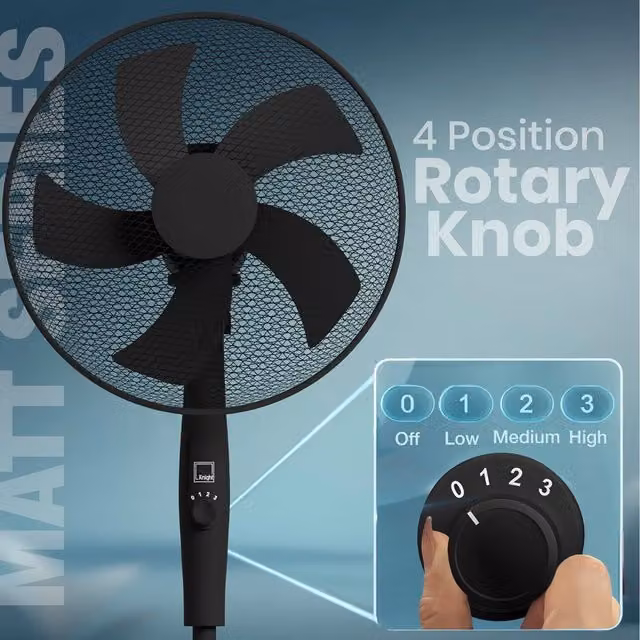 Knight 16 inch Pedestal Fan with Oscillation and Rotary Knob, Matt Finish, White and Matt Black