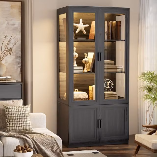 BROTTAR Black Glass Display Cabinet and Bookcase with Integrated LED Lighting and Soft-Close Doors