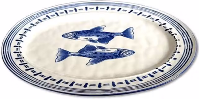 Verano Spanish Ceramics Ocean Fish Ceramic Oval Serving Platter in Blue and White, W: 39 cm, D: 26 cm, H: 3.5 cm