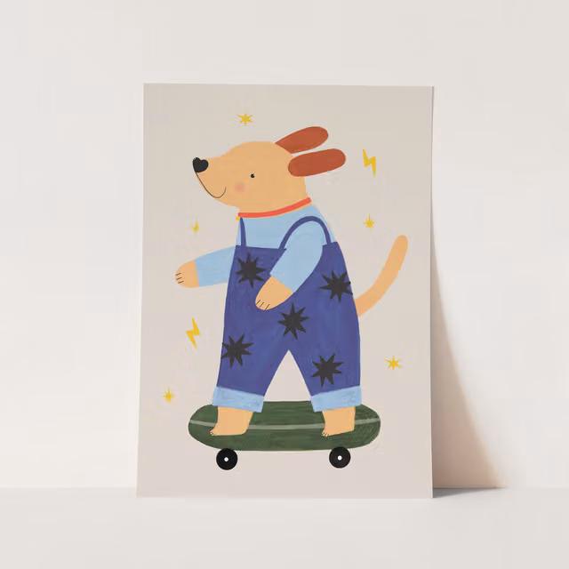 Kid of the Village Skater Pup Fine Art Paper Print, Blue, W: 42 cm, H: 59.4 cm