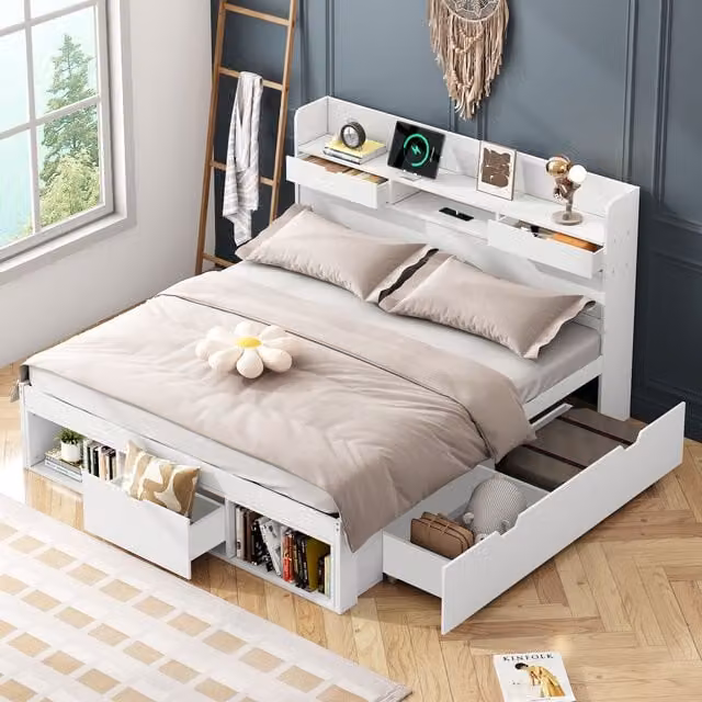 Matteo Double Bed with USB Charging Port, Drawers and Storage Cabinet, White, W: 140 cm, L: 200 cm
