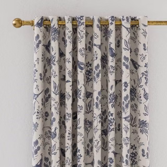 Joules Festival Pheasants Blue and Silver Blackout Eyelet Curtains, W: 228.6 cm, H: 182.88 cm