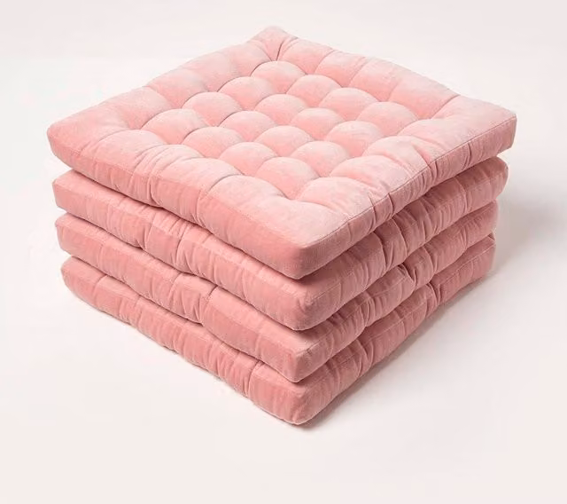 Homescapes 4 Pack Luxury Cotton Velvet Seat Pads in Pink, W/D/H: 40 x 40 x 40 cm