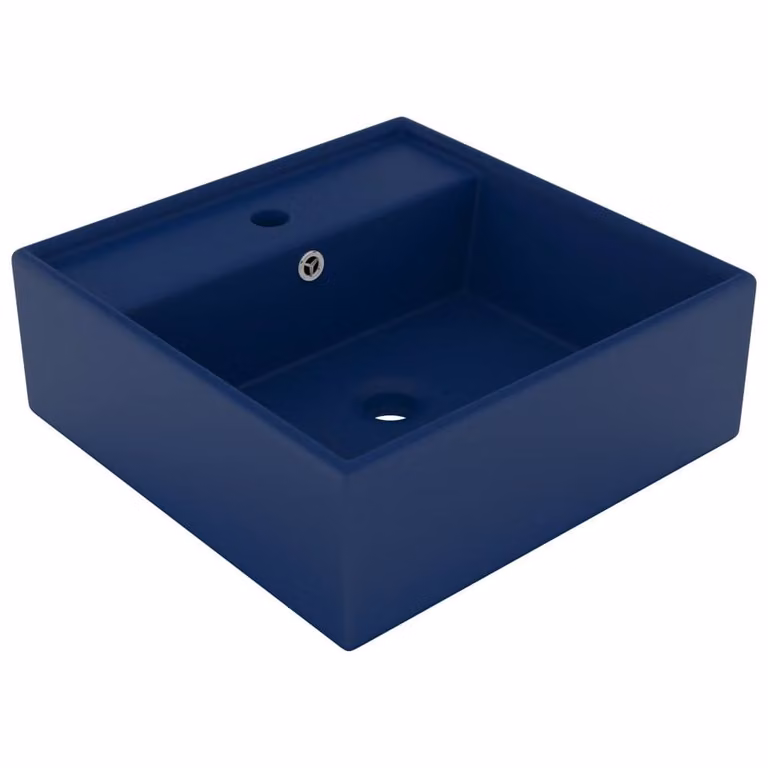 Berkfield Home Luxury Square Ceramic Countertop Basin with Overflow in Matt Dark Blue, W/D: 41 x 41 cm