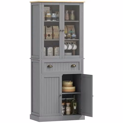 HOMCOM Grey Freestanding Tall Kitchen Cupboard with Glass Doors and Drawers, W: 45.8 cm, D: 40.0 cm, H: 182.5 cm